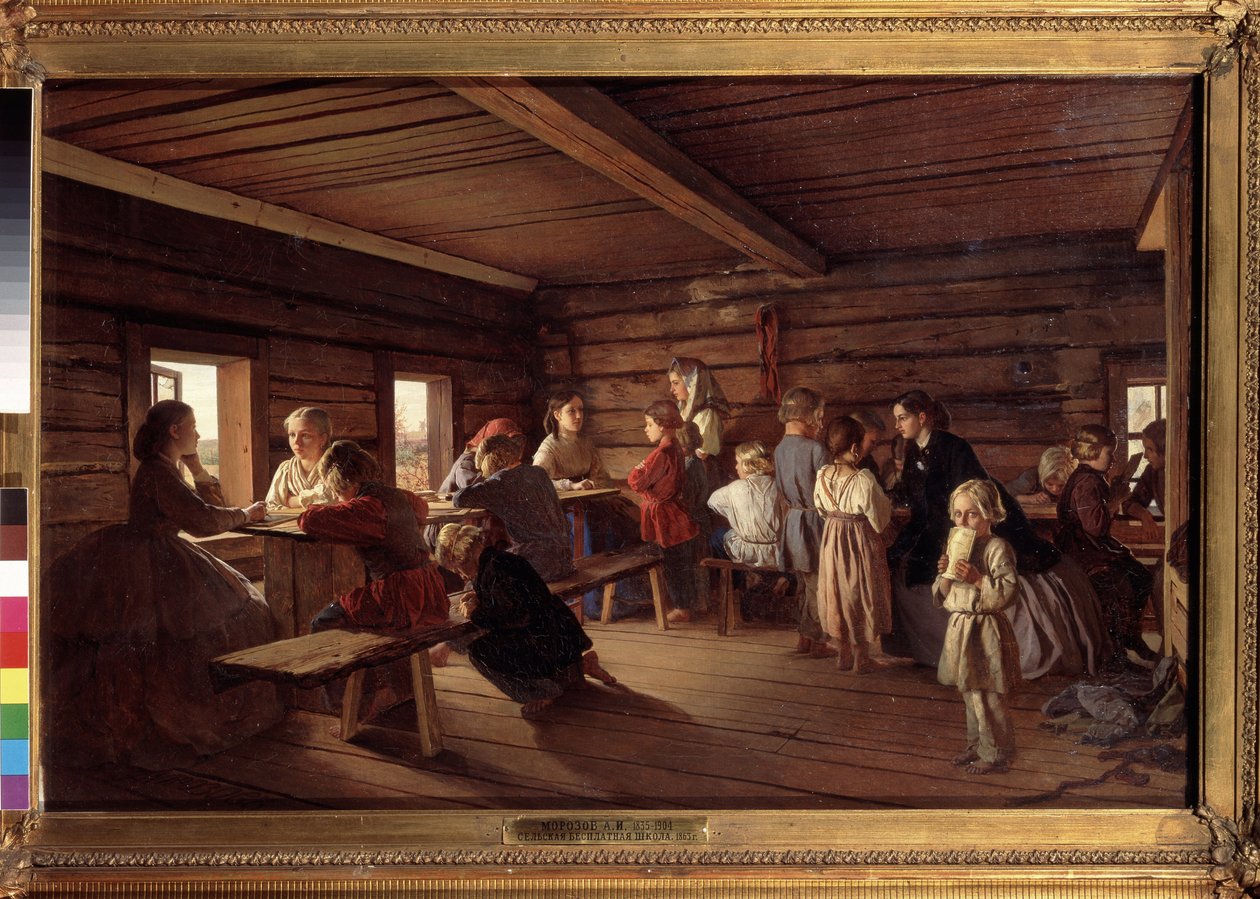 Ve venkovské škole. Obraz Alexandra Ivanoviče Morozova (1835-1904), olej na plátně od Aleksandr Ivanovich Morozov