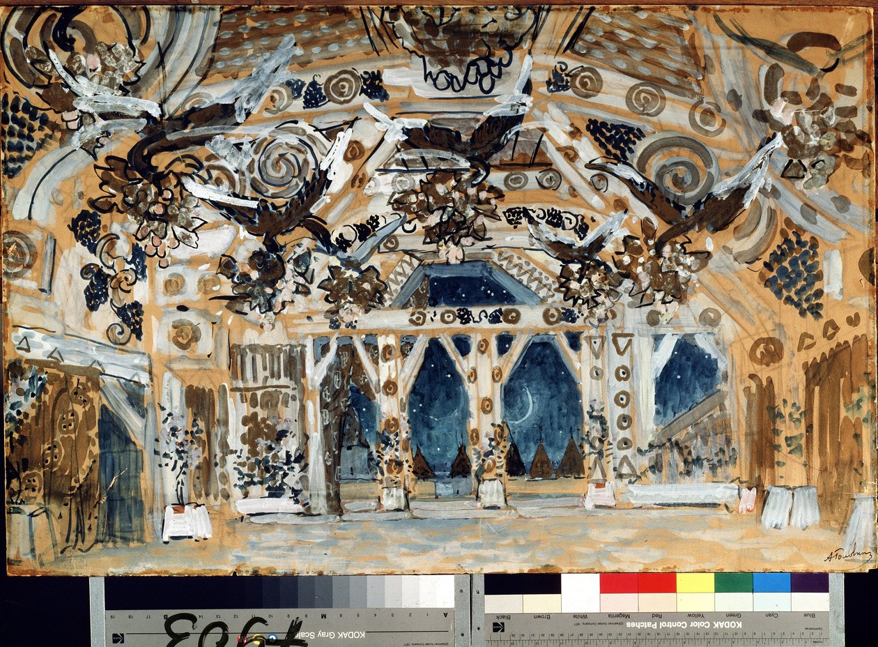 Decor pour la piece de theatre La Dame de la mer de Henrik (Henri) Johan Ibsen (1828-1906) (scéna k divadelní hře Dáma z moře od H. Ibsena). Oeuvre de Alexander Yakovlevich Golovin (Alexandre Golovine) (1863-1930), pastel na kartonu od Aleksandr Jakovlevic Golovin