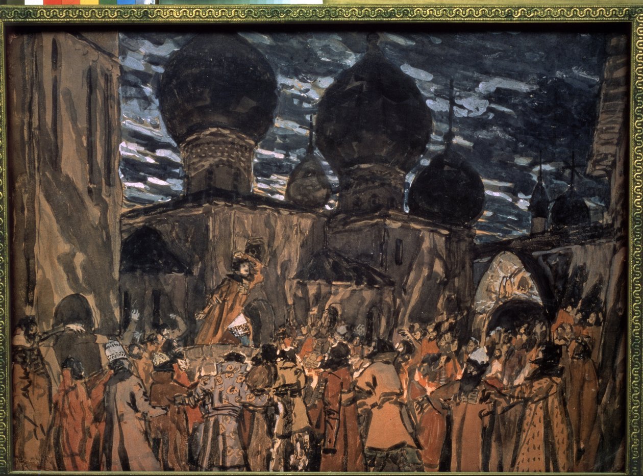 Scéna k opeře Pskovská panna Nicholase Rimského-Korsakova (1844-1908) (scéna k opeře Pskovská panna N. Rimského-Korsakova) Díla Alexandra Jakovleviče Golovina (Al od Aleksandr Jakovlevic Golovin