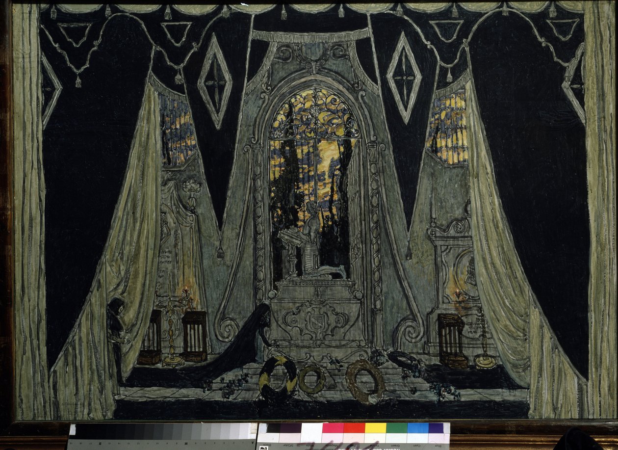 Dekor pro operu "Kamenný host"" Alexandra Dargomyjského (1813-1869) (scéna k opeře Kamenný host od A. Dargomyžského). Dílo Alexandra Jakovleviče Golovina (Alexander Golovin) (1863-1930), olej na dřevě od Aleksandr Jakovlevic Golovin