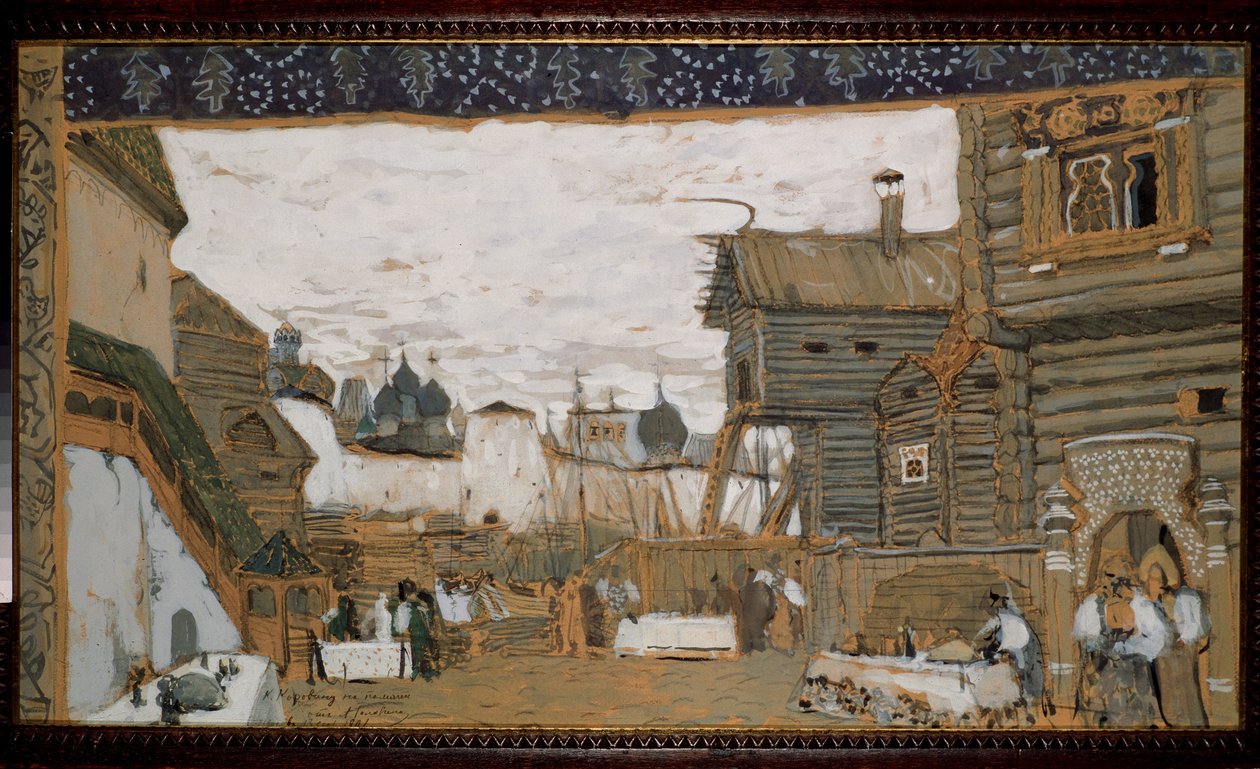 Přípravná výprava k opeře Pskovská panna od Nicholase (Nikolaje) Rimského Korsakova (Rimsky-Korsakov) (1844-1908) (scéna pro operu Pskovská panna od N. Rimského Korsakova (Rimsky-Korsakov). Pohled na místo pro dětské anime od Aleksandr Jakovlevic Golovin
