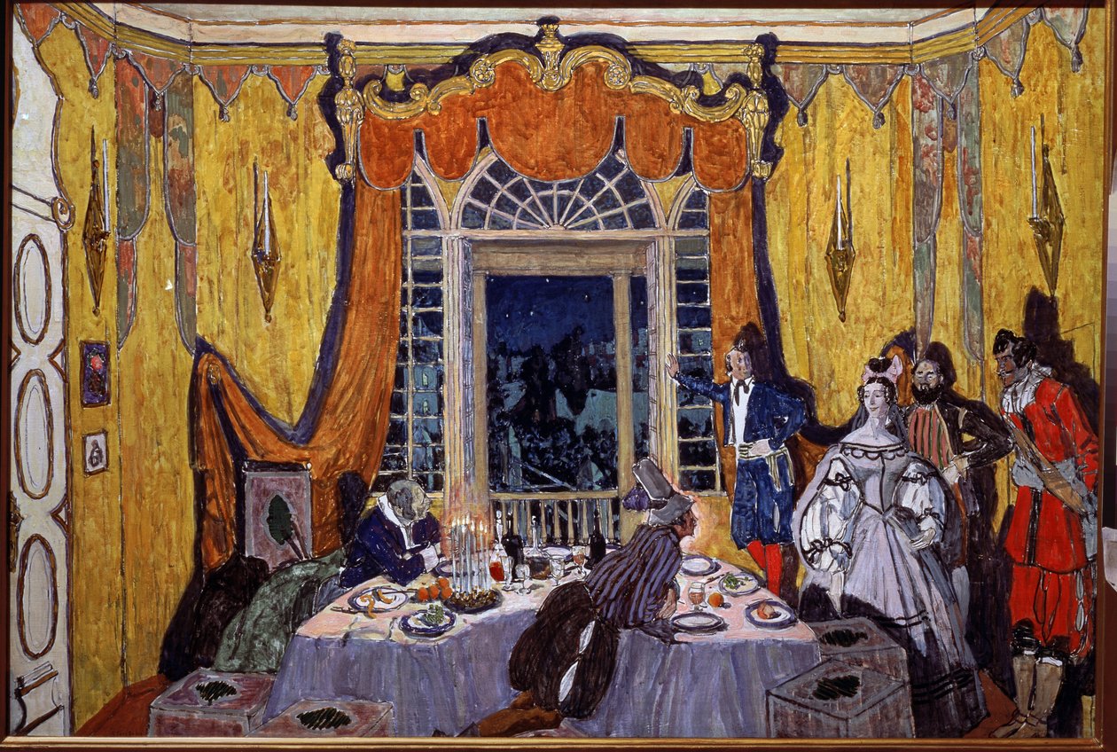 Přípravná výzdoba pro operu "Le guest de pierre"" Alexandra Dargomyjského (1813-1869) (scéna k opeře Kamenný host od A. Dargomyžského). Malba Alexandra Jakovleviče Golovina (Alexander Golovin) (1863-1930), olej na dřevě od Aleksandr Jakovlevic Golovin