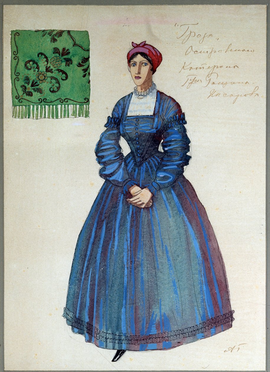 Kostýmní návrh pro hru Bouře od Alexandra Ostrovského (1823-1886) (návrh pro hru Bouře od A. Ostrovského). Dílo Alexandra Jakovleviče Golovina (Alexander Golovin) (1863-1930), tužka, inkoust, akvarel, kvaš a zlato na papíře od Aleksandr Jakovlevic Golovin