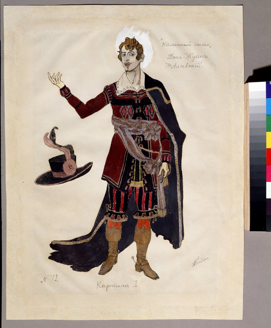 Kostýmní návrh opery "Le guest de pierre"" Alexandra Dargomyjského (1813-1869) (návrh pro operu Kamenný host od A. Dargomyžského). Dílo Alexandra Jakovleviče Golovina (Alexander Golovin) (1863-1930); Akvarel, kvaš a e od Aleksandr Jakovlevic Golovin