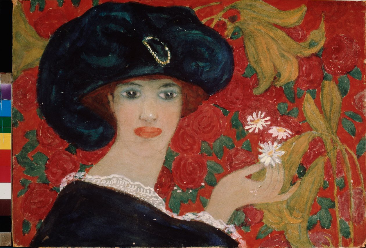 Paní s kaméliemi. Dílo Alexandra Vasiljeviče Ševčenka (Alexandre Chevtchenko) (1883-1948), akvarel a kvaš na kartonu od Aleksandr Vasilievich Shevchenko