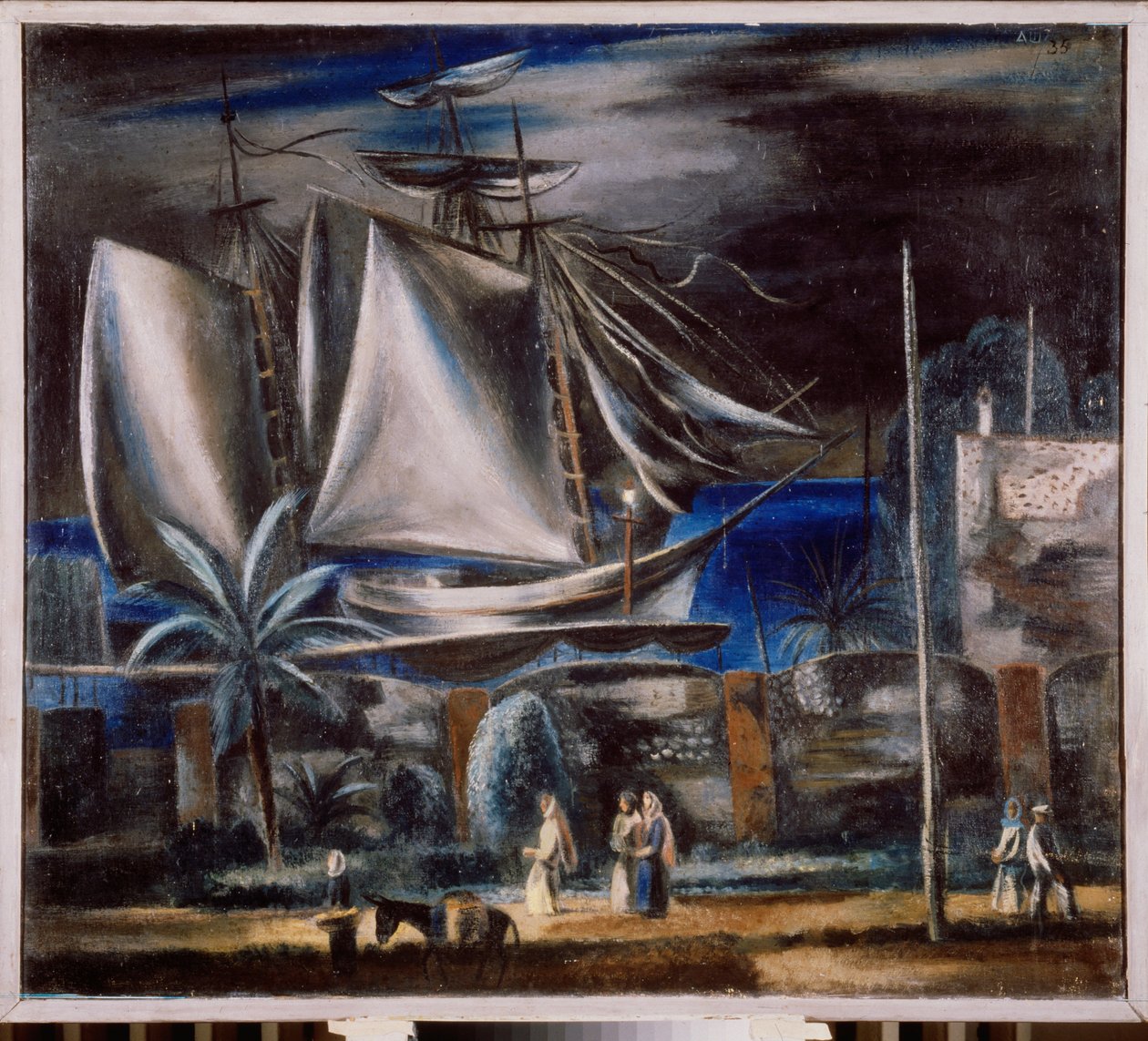 Port marin, la nuit (Vysoká loď kotví na Černém moři) - Mořský přístav v noci - Malba Alexandra Vasiljeviče Ševčenka (Alexander Ševčenko) (1883-1948), olej na plátně od Aleksandr Vasilievich Shevchenko