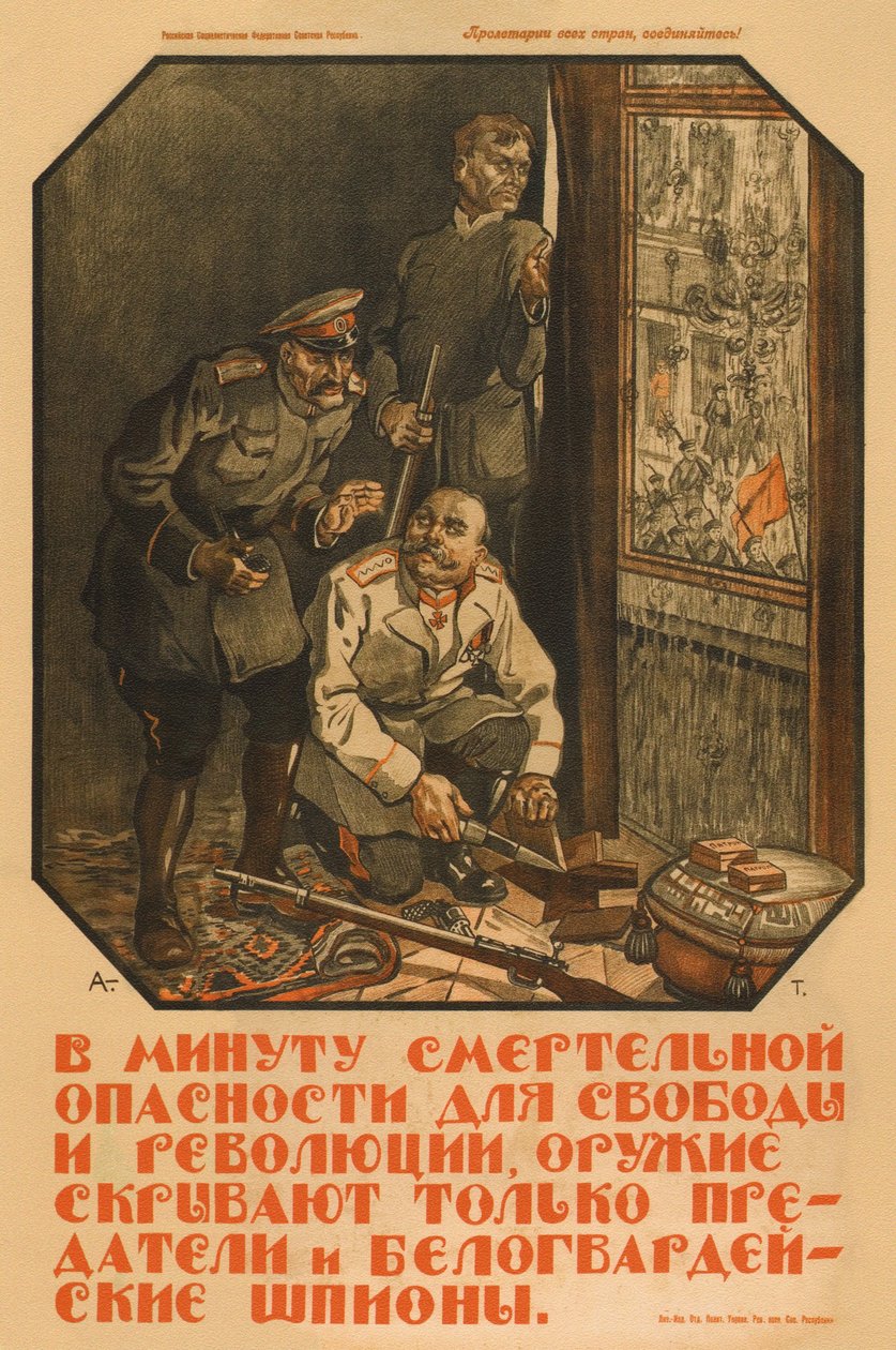 Zbraň ukryjí jen zrádci a bělogvardějští špióni - Apsit, Alexandr Petrovič (1880-1944) - 1919 - Barevná litografie - Ruská státní knihovna, Moskva od Aleksandrs Apsit