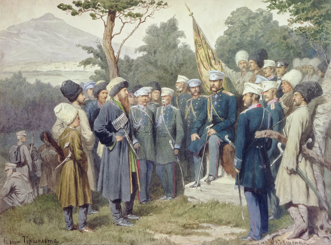 Kavkazský vůdce Šamil (asi 1798-1871) se vzdává hraběti Barjatinskému v roce 1859, 1880 od Aleksei Danilovich Kivshenko
