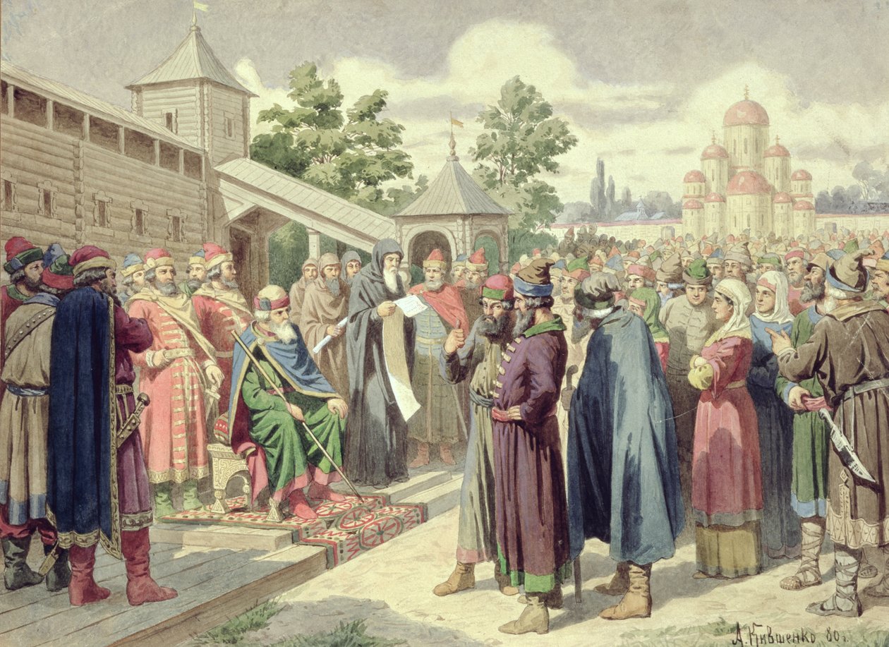 Čtení zákoníku za přítomnosti velkovévody Jaroslava Novgorodského, 1880 (wc na plátně) od Aleksei Danilovich Kivshenko