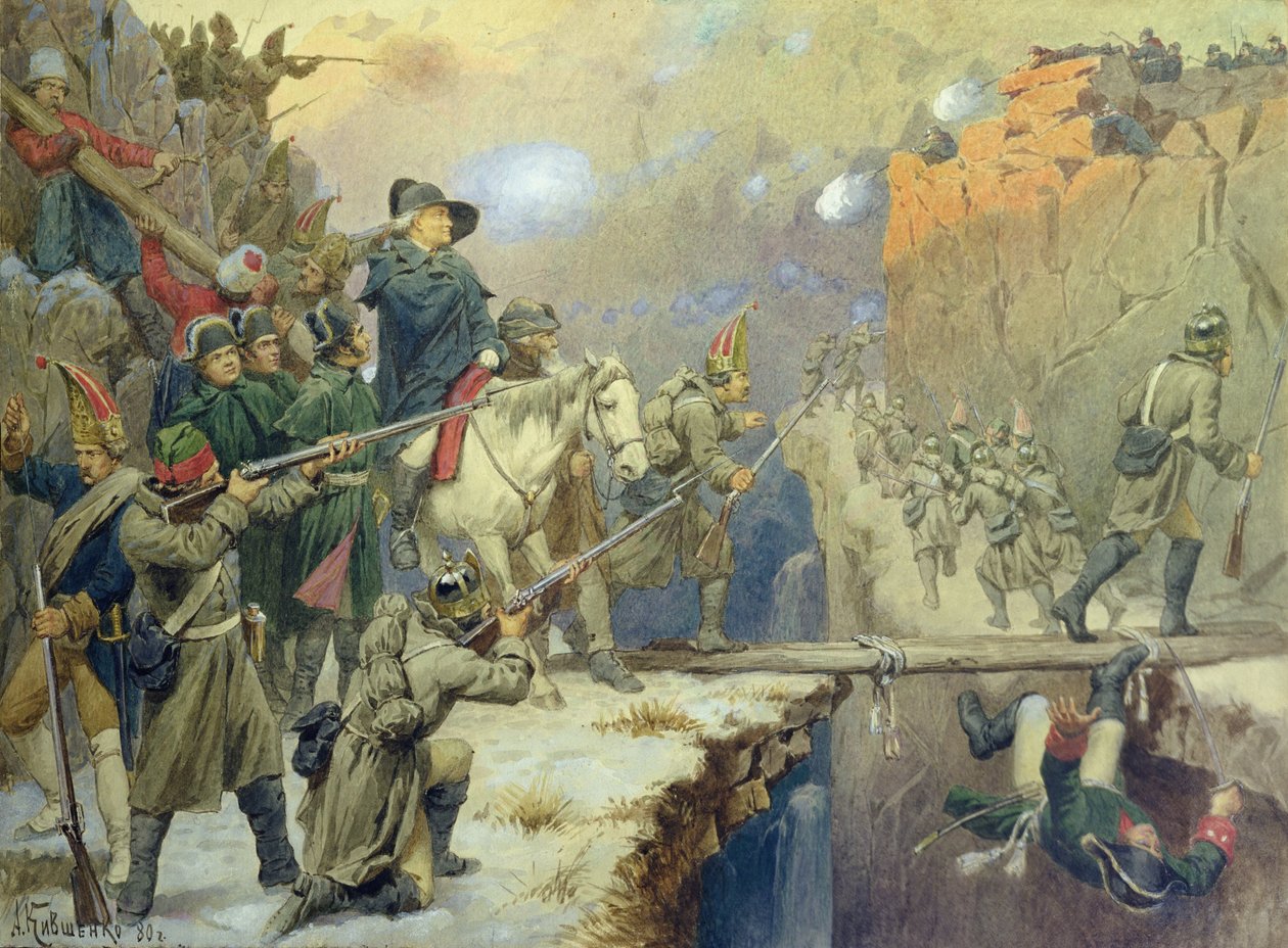 Suvorov přechod přes Ďáblův most v roce 1799, 1880 od Aleksei Danilovich Kivshenko
