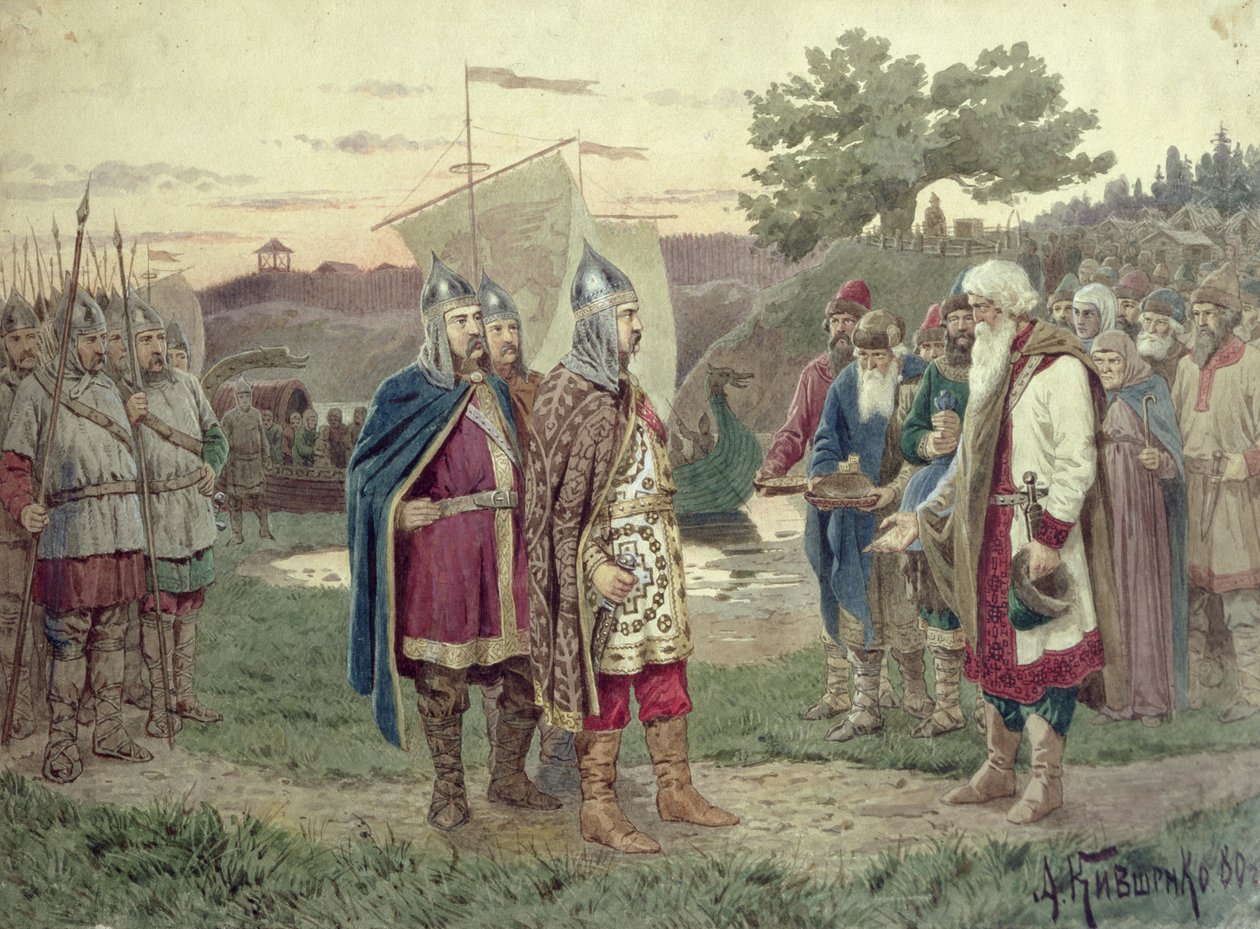 Velkoknížecí setkání s obyvateli slovanského města v 9. století, 1880 od Aleksei Danilovich Kivshenko