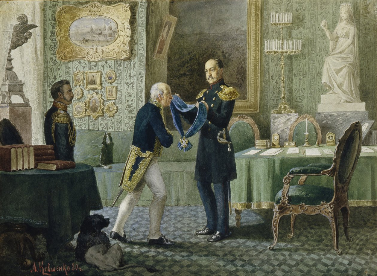 Císař Mikuláš I. uděluje modrou pásku Řádu svatého Ondřeje hraběti Michailu Speranskému, 1880 od Aleksei Danilovich Kivshenko