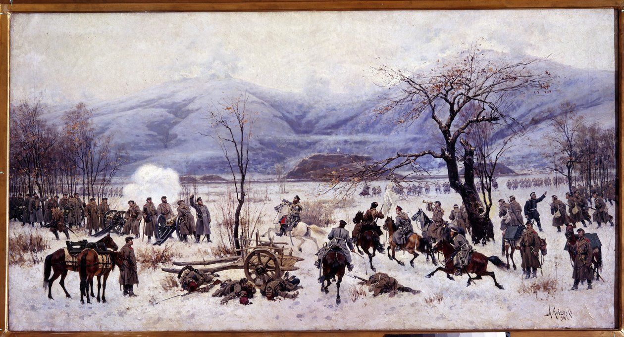 Rusko-turecká (rusko-turecká) válka (1877-1878): Čtvrtá bitva u průsmyku Shipka v Bulharsku od 5. do 9. ledna 1878 (čtvrtá bitva u průsmyku Shipka). Obraz Alexeje Daniloviče Kivšenka (1851-1895) od Aleksei Danilovich Kivshenko