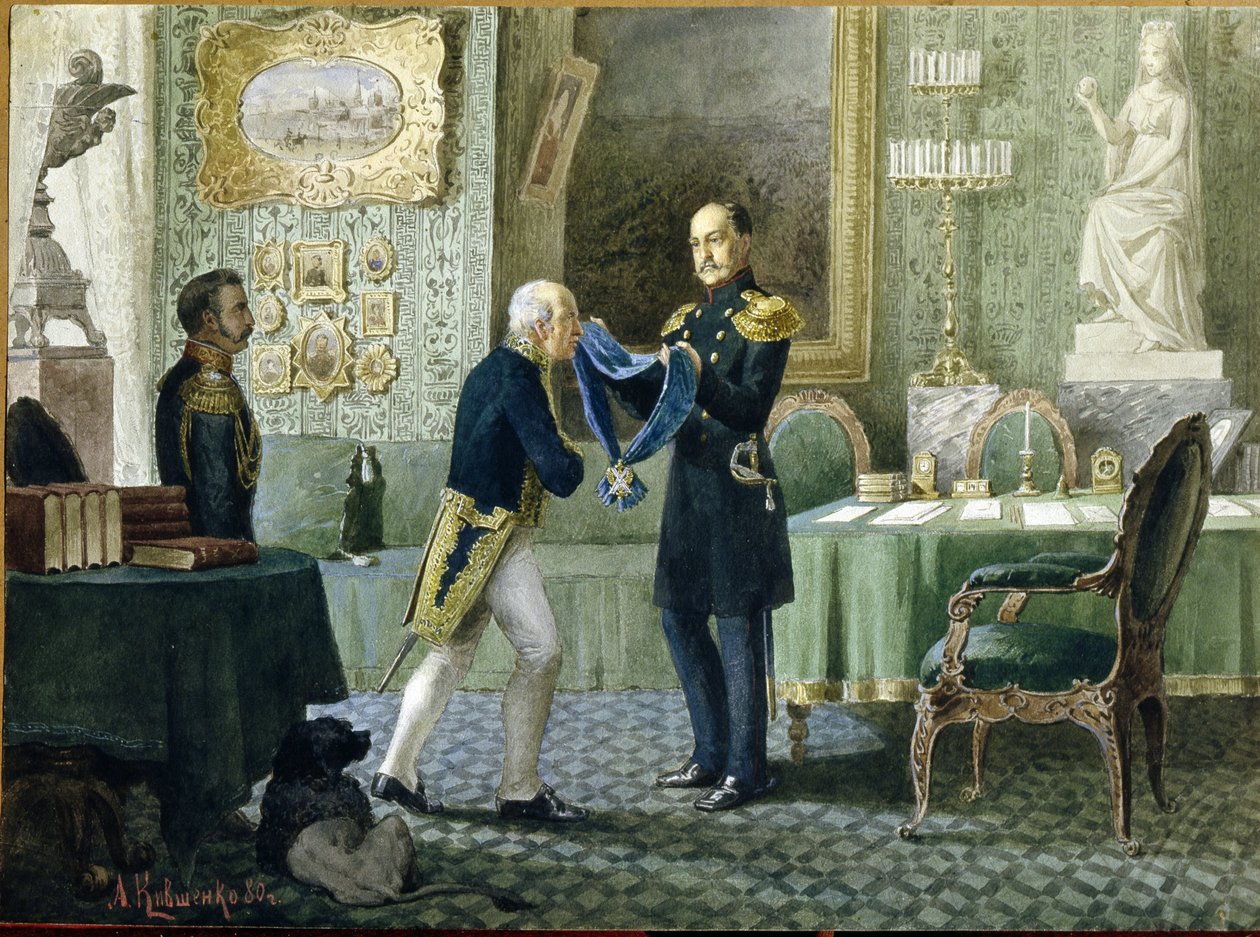 Ruský císař Mikuláš I. (1796-1855) předává modrou stuhu Řádu svatého Andreho hraběti Michailu Speranskému (1772-1839). (Císař Mikuláš I. uděluje hraběti Michailu Speranskému modrou stuhu řádu sv. Ondřeje). Dílo Alexeje Daniloviče od Aleksei Danilovich Kivshenko