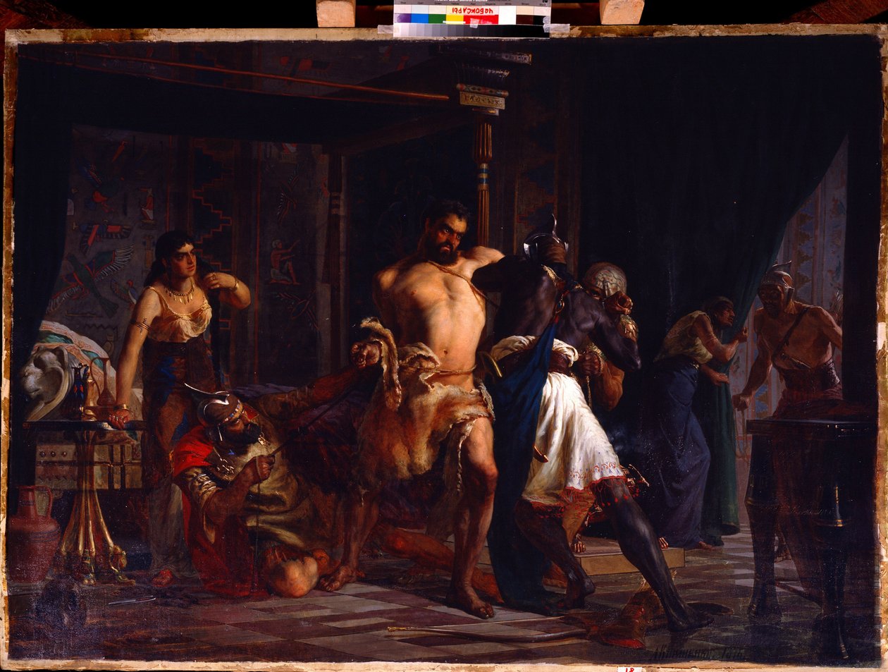 Samson a Dalila (Samson a Dalila). Biblický hrdina, kterého v jeho pokoji přepadli pelištejští vojáci, kteří se ho pokusili svázat provázkem jeho vlasů, jehož část leží na zemi s nůžkami, za Samsonem, Dalila drží v jeho rukou. od Aleksei Danilovich Kivshenko