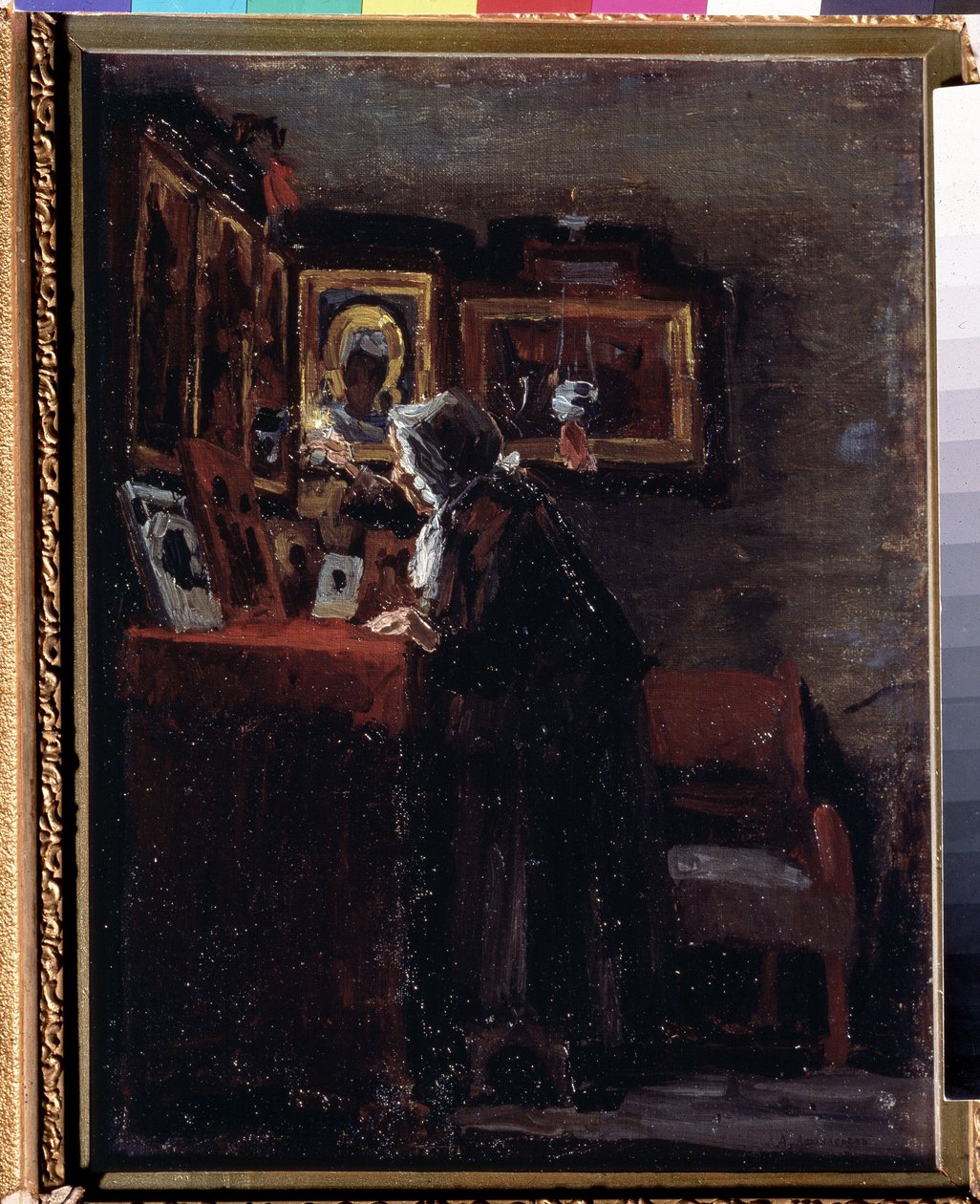 Před náboženským svátkem (Před náboženským svátkem) - Obraz Alexeje Fjodoroviče Afanasjeva (Alexis Afanasjev) (1850-1920) - Olej na plátně, 41 x 31,5 cm od Aleksei Fyodorovich Afanasyev