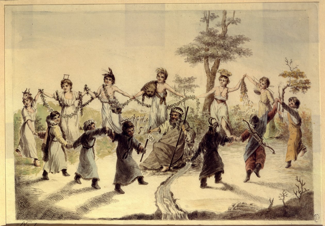 Alegorie dvanácti měsíců v roce. (Alegorie dvanácti měsíců roku). Dvanáct postav (dětí, žena, muž), každá odlišená symbolickým doplňkem nebo detailem kostýmu, krouží kolem starého muže s korunou, od Aleksei Gavrilovich Venetsianov