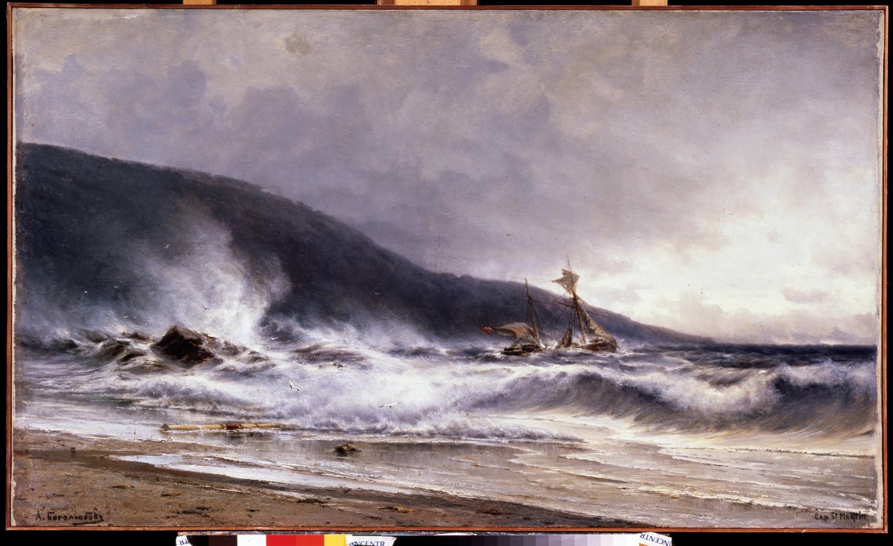 Ecume a Cap Martin (Francie) (Surfujte na Cap Martin). Obraz Alexeje Petroviče Bogolyubova (Bogoliubov nebo Bogolioubov) (1824-1896). Olej na plátně od Aleksei Petrovich Bogolyubov