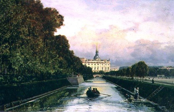 Pohled na kanál Lebyazhyeva při pohledu na Michajlovský palác, Petrohrad (olej na panelu) od Aleksei Petrovich Bogolyubov
