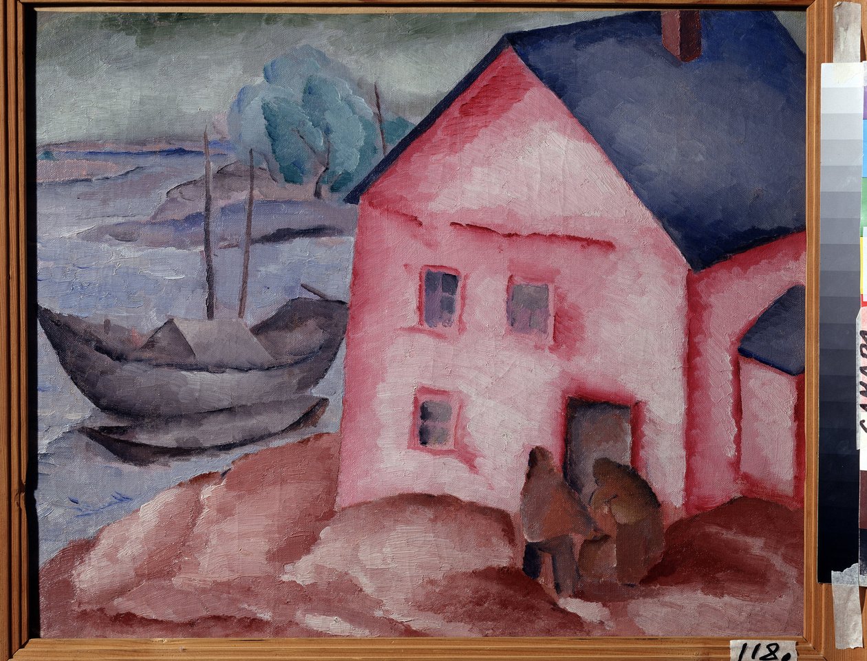 Růžový dům u řeky (A Pink House at the River). S párem, člunem a kotvícím člunem. Obraz Alexeje Iljiče Kravčenka (1889-1940), olej na plátně od Aleksey Kravchenko