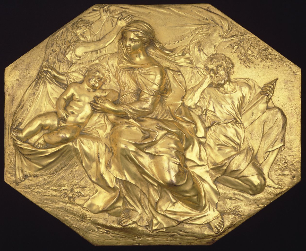 Zbytek na útěku do Egypta, reliéf, kolem 1635-40 (zlacený bronz) od Alessandro Algardi