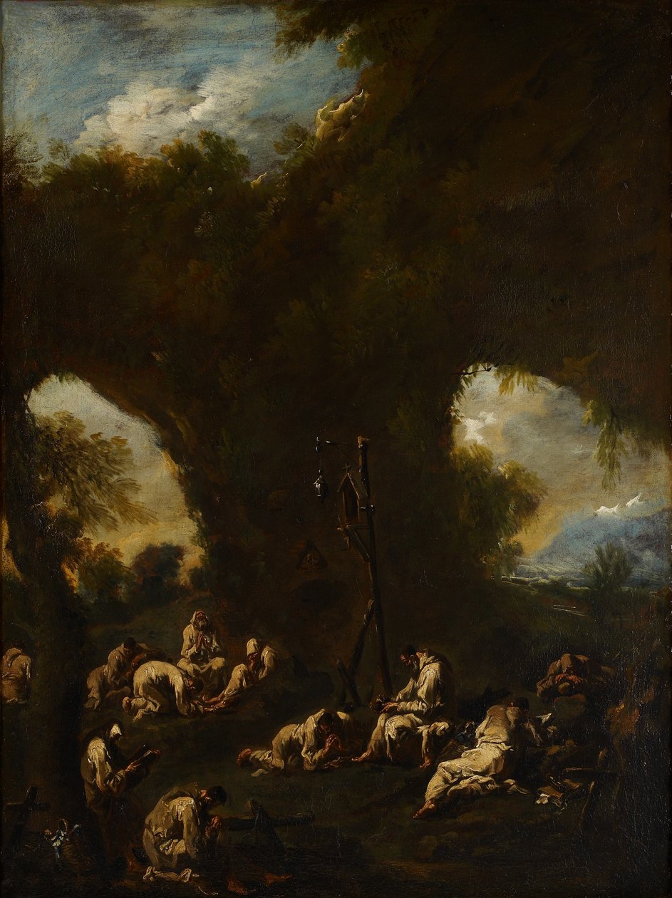 Mniši se modlí v jeskyni, kolem roku 1730 od Alessandro Magnasco