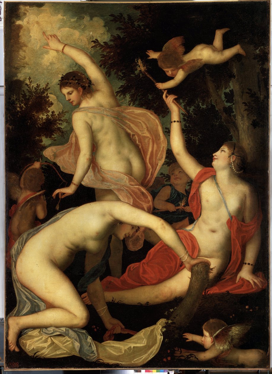 Graces and Cupid (Graces and Cupid). Obraz od Alessandra Varotariho známý jako Il Padovanino (1588-1649). Benátské umění, manýrismus. Olej na plátně. Muzeum Ermitáž, Petrohrad od Alessandro Varotari