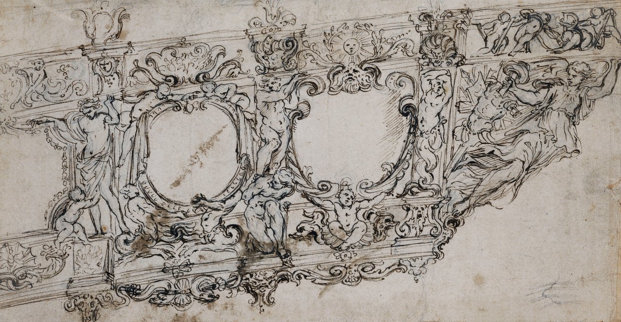 Návrh pro příď galerie papeže Urbana VIII. s Barberini paží včel a slunce, Ignudi, Tritony, hippocampy, Putti a alegorie vítězství jako loutka pod písmeny VRBA In od Alessandro Algardi
