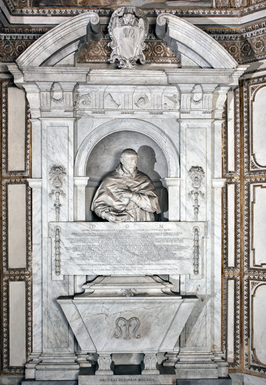 Pohřební pomník na počest kardinála Giovanni Garcia Melliniho s portrétem v bustě Mramorová socha od Alesssandra Algardiho (1598-1654) 1630 kolem římské baziliky Santa Maria del Popolo, Cappella Mellini od Alessandro Algardi