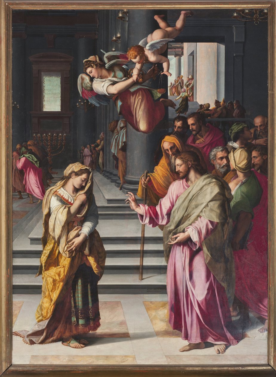 Ježíš a žena přistižená při cizoložství (obraz od Alessandro Allori