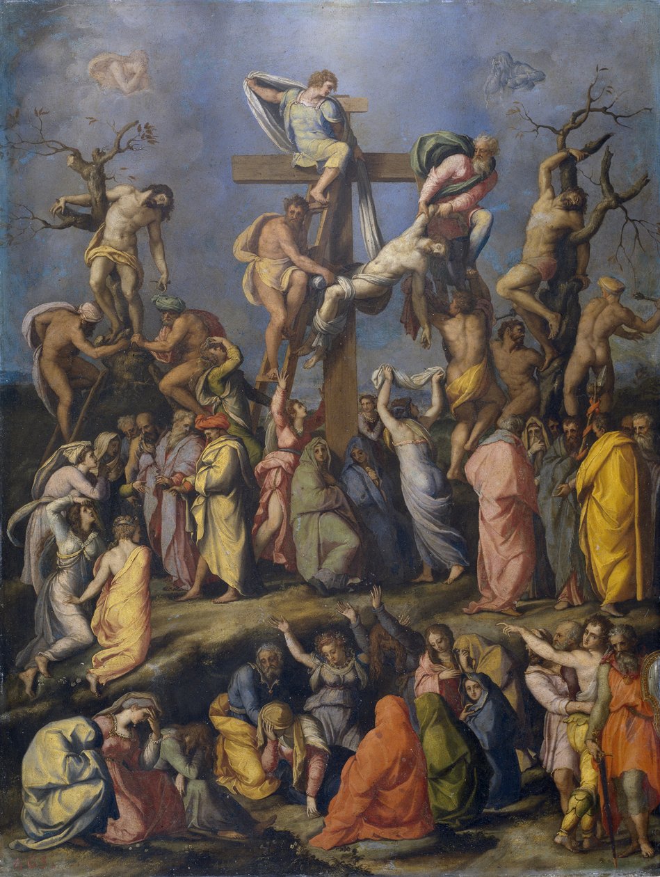 Sestup z kříže - Obraz Alessandra Alloriho (1535-1607), olej na plátně (70x54 cm), cca 1560 - (Sestup z kříže, Olej na plátně od A. Alloriho, kolem 1560) - Museo del Prado , Madrid od Alessandro Allori