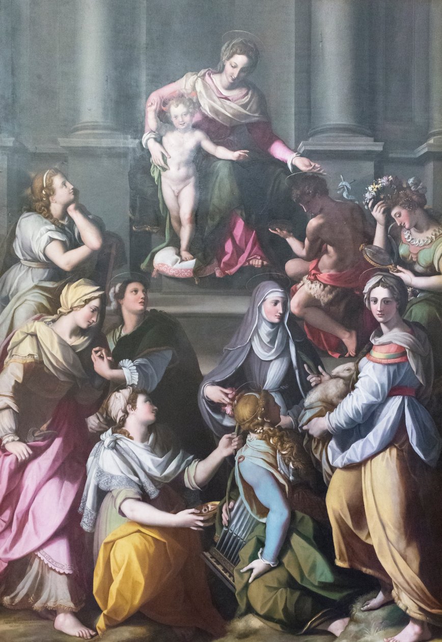 Madona trůnící s dítětem, obklopená světci a postavami od Alessandro Allori
