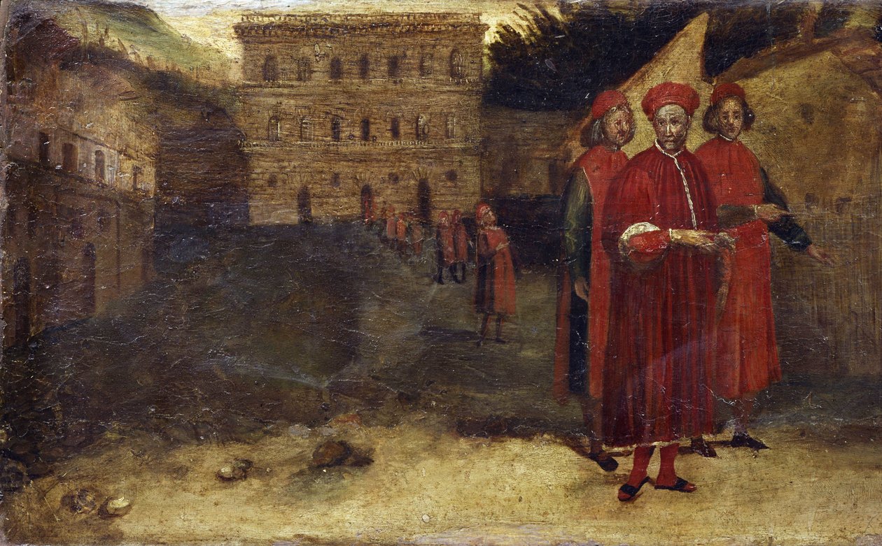 Svatí mučedníci, detail predely s vyobrazením paláce (Palazzo) Pitti v pozadí. Malba Alessandra Alloriho (1535-1607) od Alessandro Allori