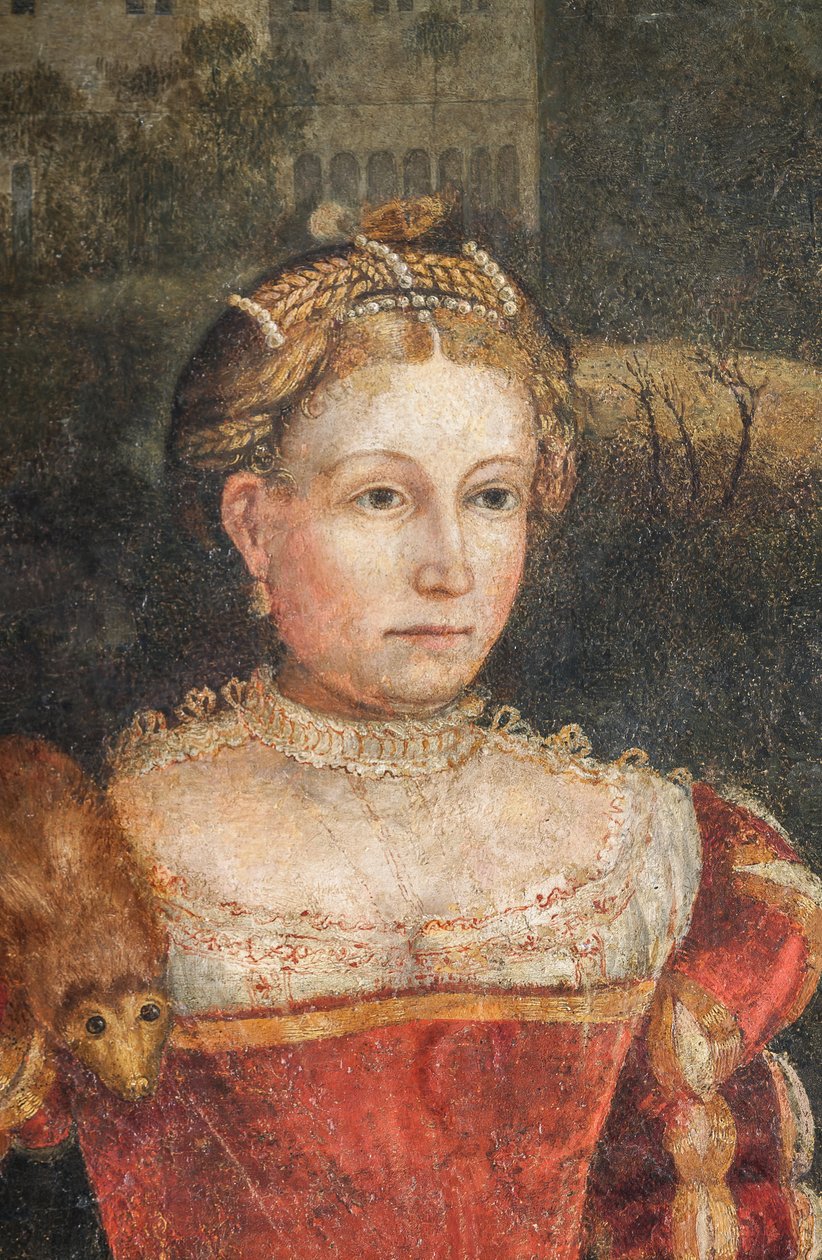 Portrét šlechtičny, detail Malé komnaty urozených dam (olej na plátně nalepeném na stěnách) od Alessandro Bonvicino Moretto