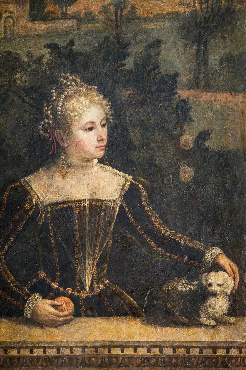 Portrét šlechtičny, detail Malé komnaty urozených dam (olej na plátně nalepeném na stěnách) od Alessandro Bonvicino Moretto