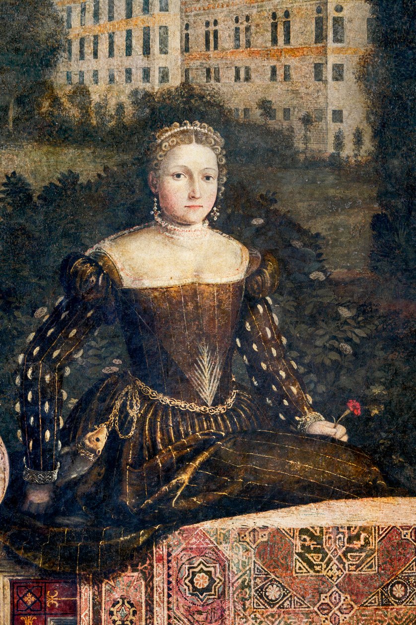 Portrét šlechtičny, detail Malé komnaty urozených dam (olej na plátně nalepeném na stěnách) od Alessandro Bonvicino Moretto