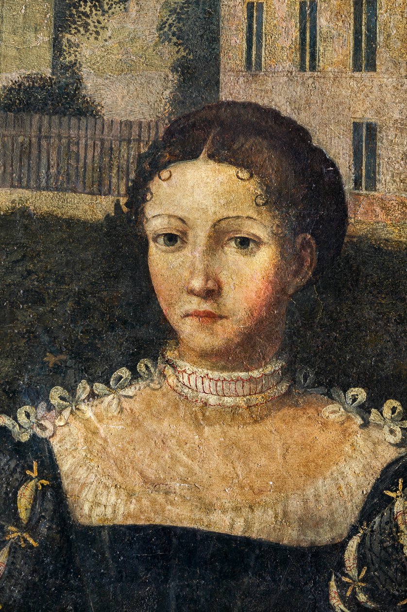 Portrét šlechtičny, detail Malé komnaty urozených dam (olej na plátně nalepeném na stěnách) od Alessandro Bonvicino Moretto