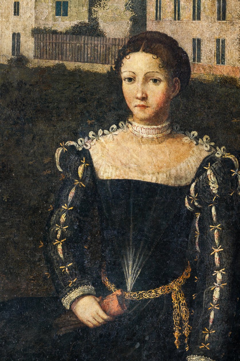 Portrét šlechtičny, detail Malé komnaty urozených dam (olej na plátně nalepeném na stěnách) od Alessandro Bonvicino Moretto