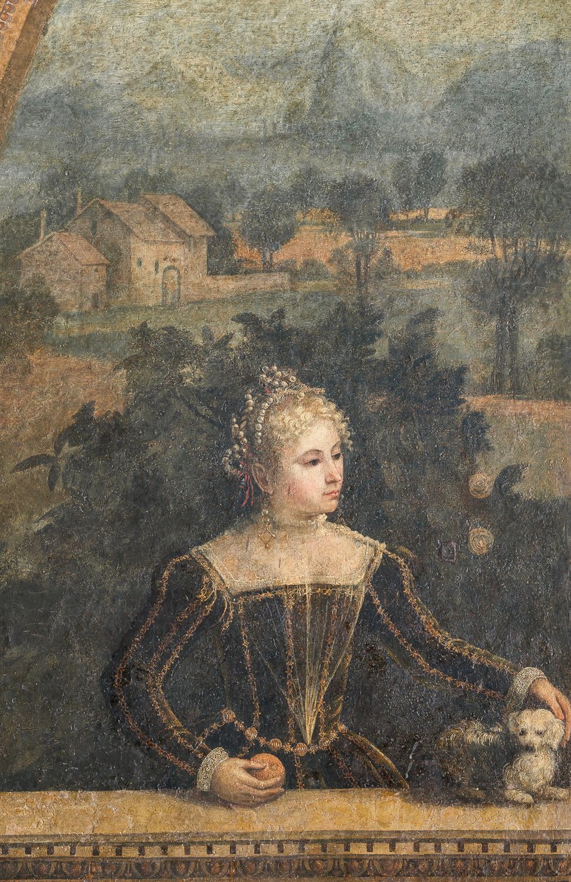 Portrét šlechtičny, detail Malé komnaty urozených dam (olej na plátně nalepeném na stěnách) od Alessandro Bonvicino Moretto