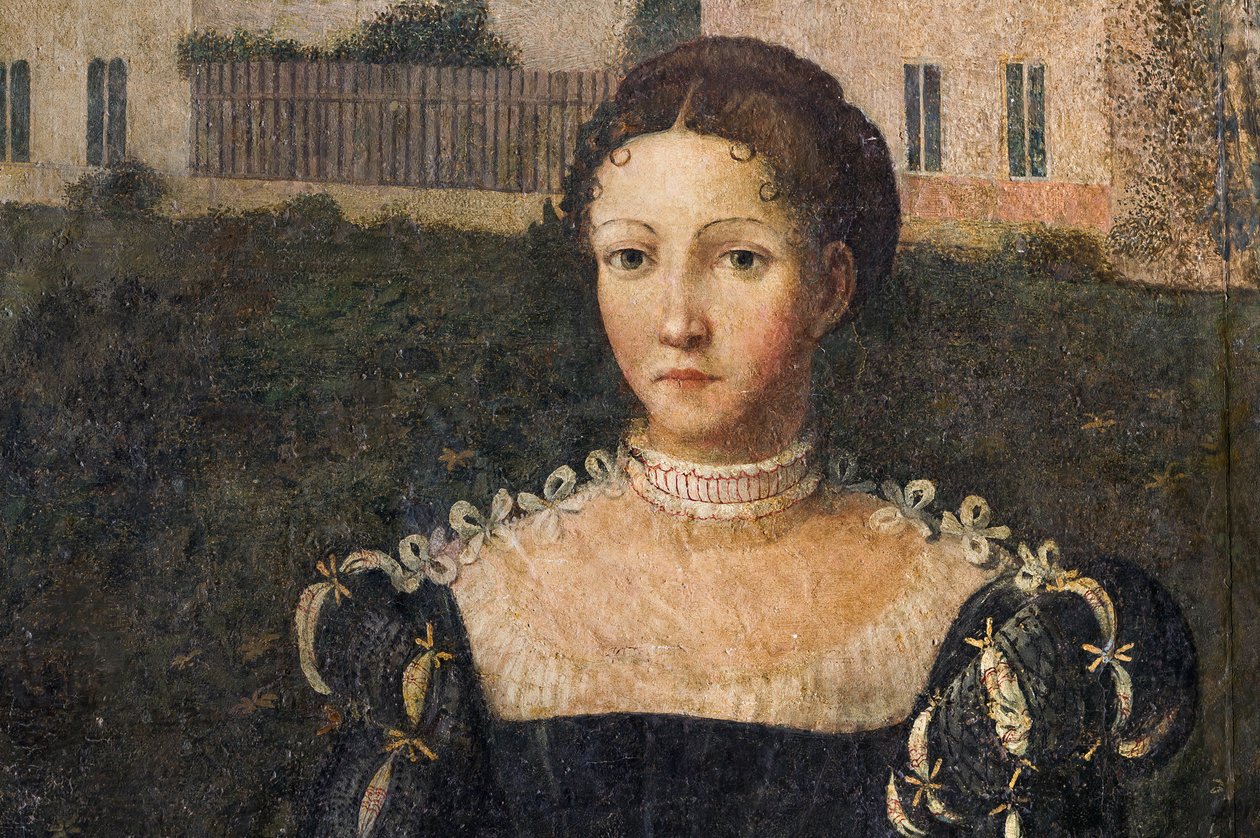 Portrét šlechtičny, detail Malé komnaty urozených dam (olej na plátně nalepeném na stěnách) od Alessandro Bonvicino Moretto