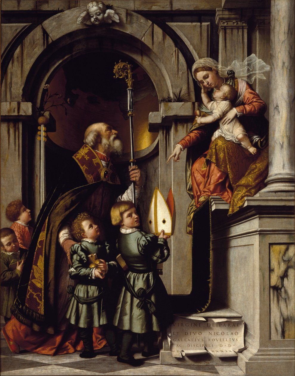 Svatý Mikuláš z Myry neboli Bari (270-345) představuje žáky Galeazza Rovelliho Panně s dítětem Ježíšem na trůnu Obraz Alessandra Bonvicino dit il Moretto (1498-1554) Slunce 16. století. 245x192 cm Brescia, Pinacoteca Tosio Martinengo od Alessandro Bonvicino Moretto