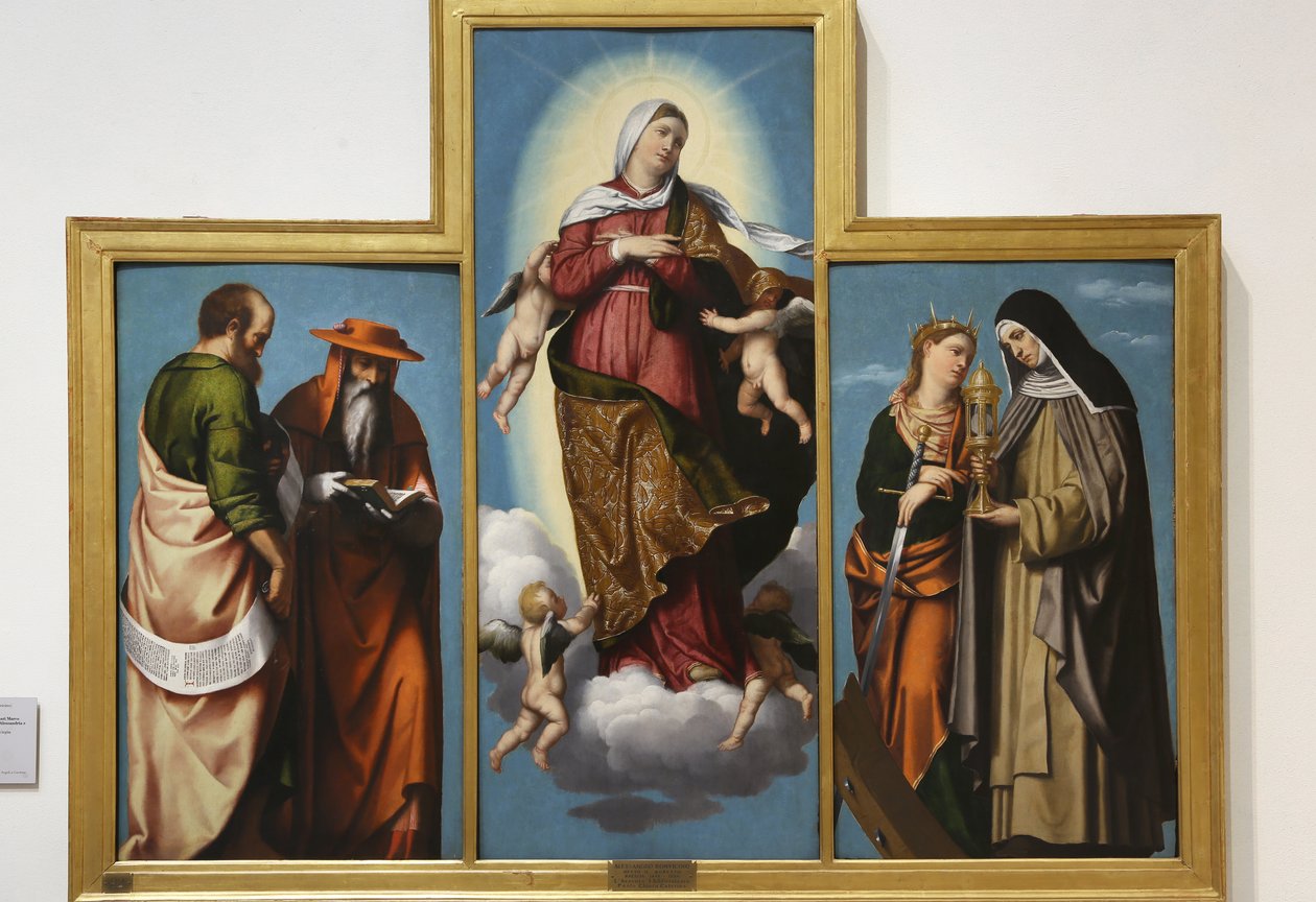 Nanebevzetí Panny Marie se sv. Markem a sv. Jeronýmem, sv. Kateřinou Alexandrijskou a svatou Klárou, kolem 1529 (olej na plátně) od Alessandro Bonvicino Moretto