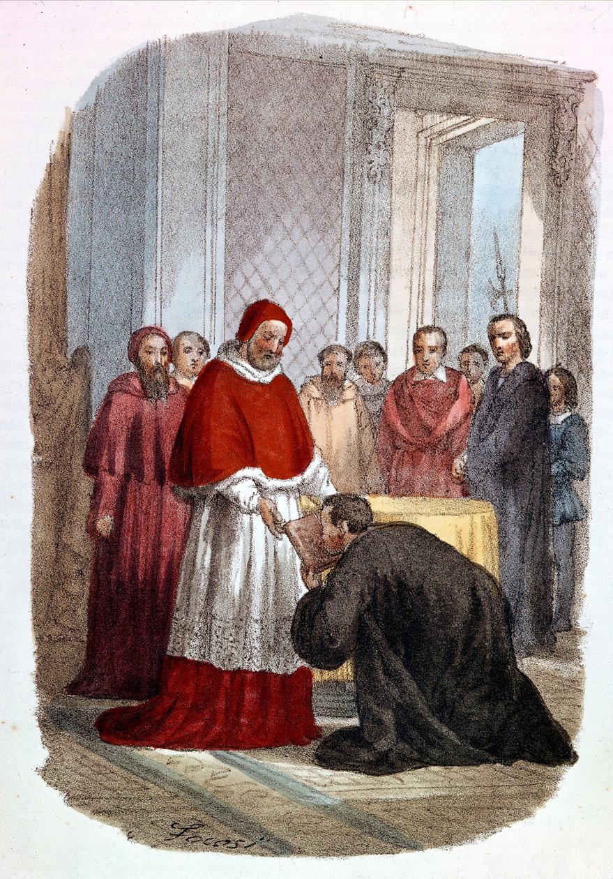 Klement VII (1478 - 1534, Jules de Medicis) přijímá věnování „Istorie Fiorentine“ od Niccolo di Bernardo dei Machiavelli (Nicolas Machiavel od Alessandro Focosi