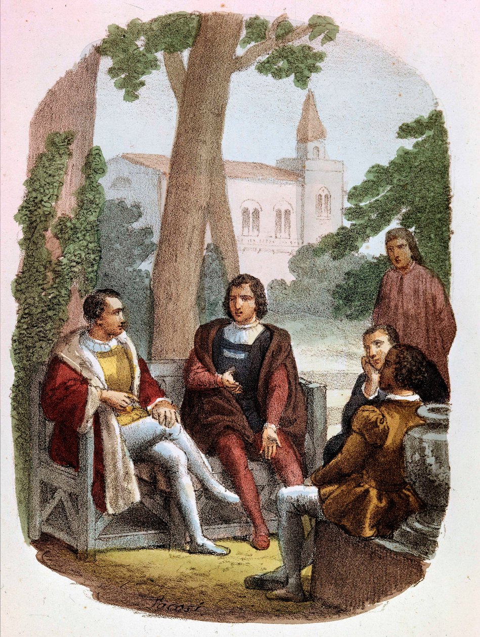 Fabrizio Colonna a Cosimo Rucellai diskutují o umění války – v „“ Complete Works by Niccolo Machiavelli “, ilustrace Alessandra Focosiho (1836 - 1869). „Umění války“ od Niccolo di Bernardo dei Machiavelli (Nicolas Machiavel od Alessandro Focosi