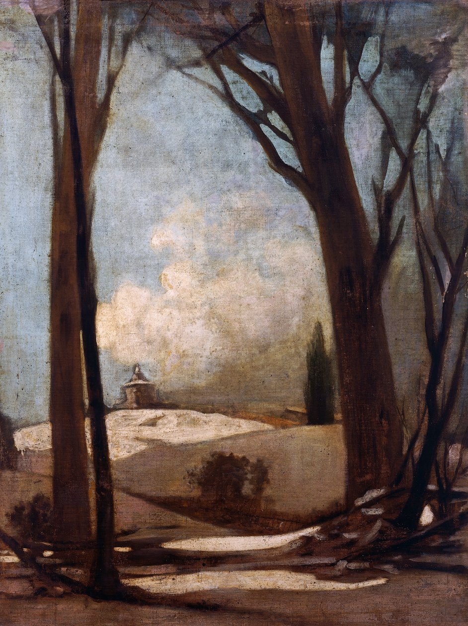 Zasněžená krajina se San Luca, obraz Alessandra Guardassoniho (1819-1888), Itálie od Alessandro Guardassoni
