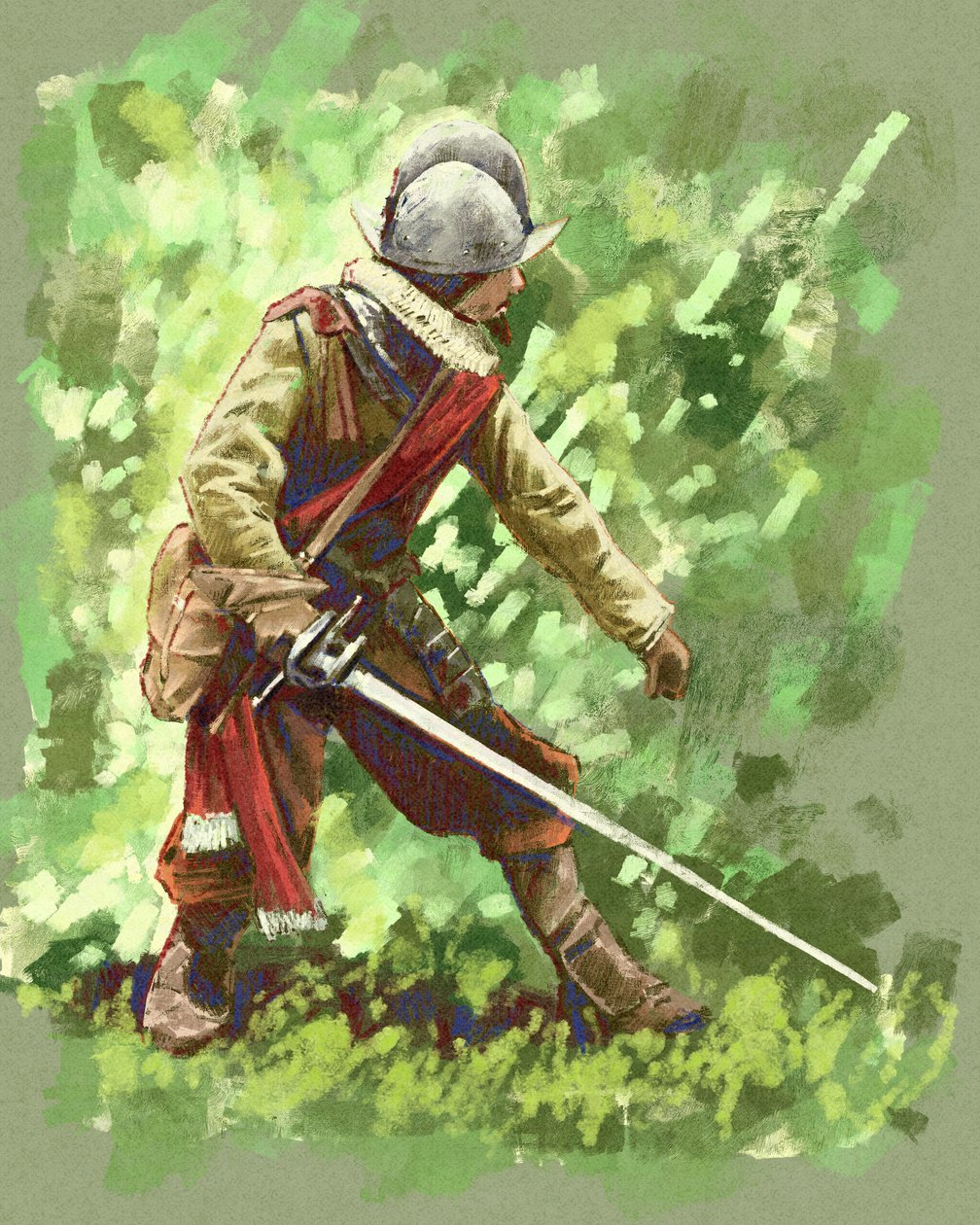 Španělský conquistadorský voják z roku 1600 skrz jihoamerickou džungli (ilustrace) od Alessandro Lonati