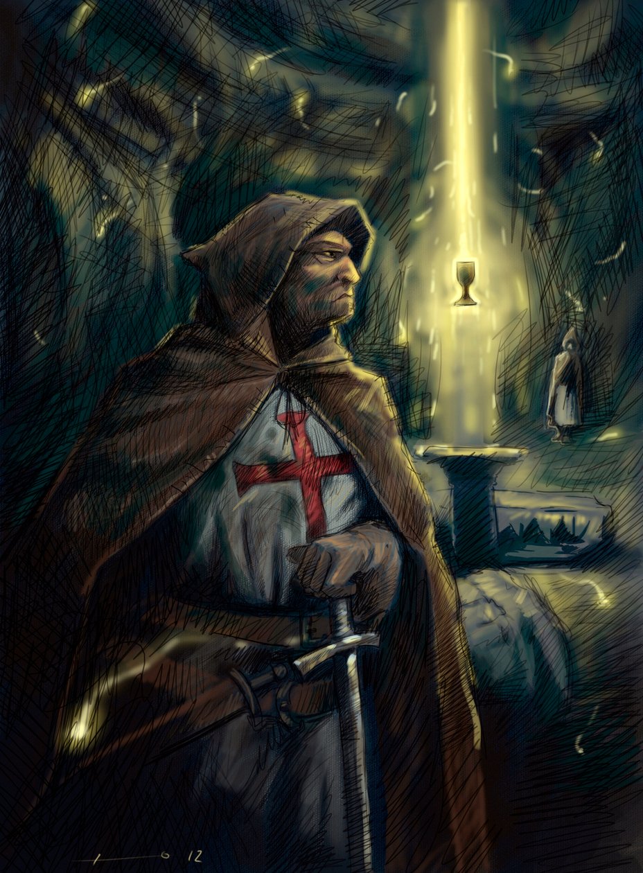 Rytíř templářského řádu (templář) za ním pohár svatého grálu. Ilustrace Alessandro Lonati od Alessandro Lonati