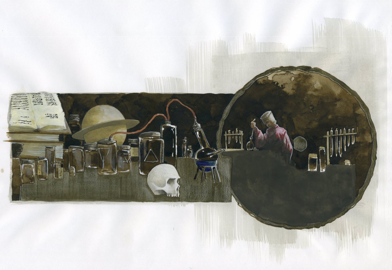 Alchymista ve své laboratoři obklopený lahvičkami a fotografiemi Ilustrace Alessandro Lonati od Alessandro Lonati
