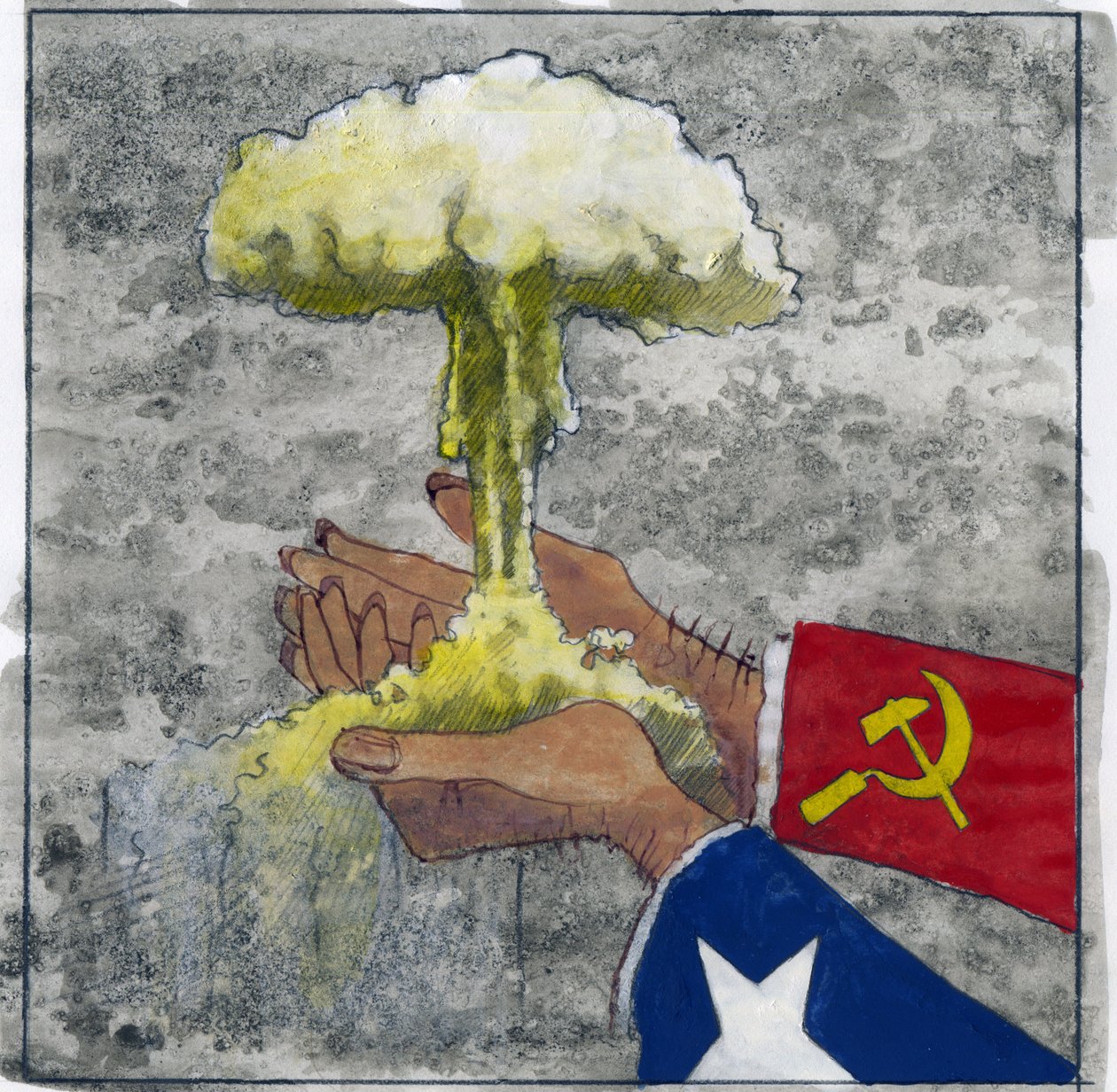 Alegorické znázornění studené války jako americké a sovětské ruce držící atomový mrak Ilustrace Alessandro Lonati od Alessandro Lonati