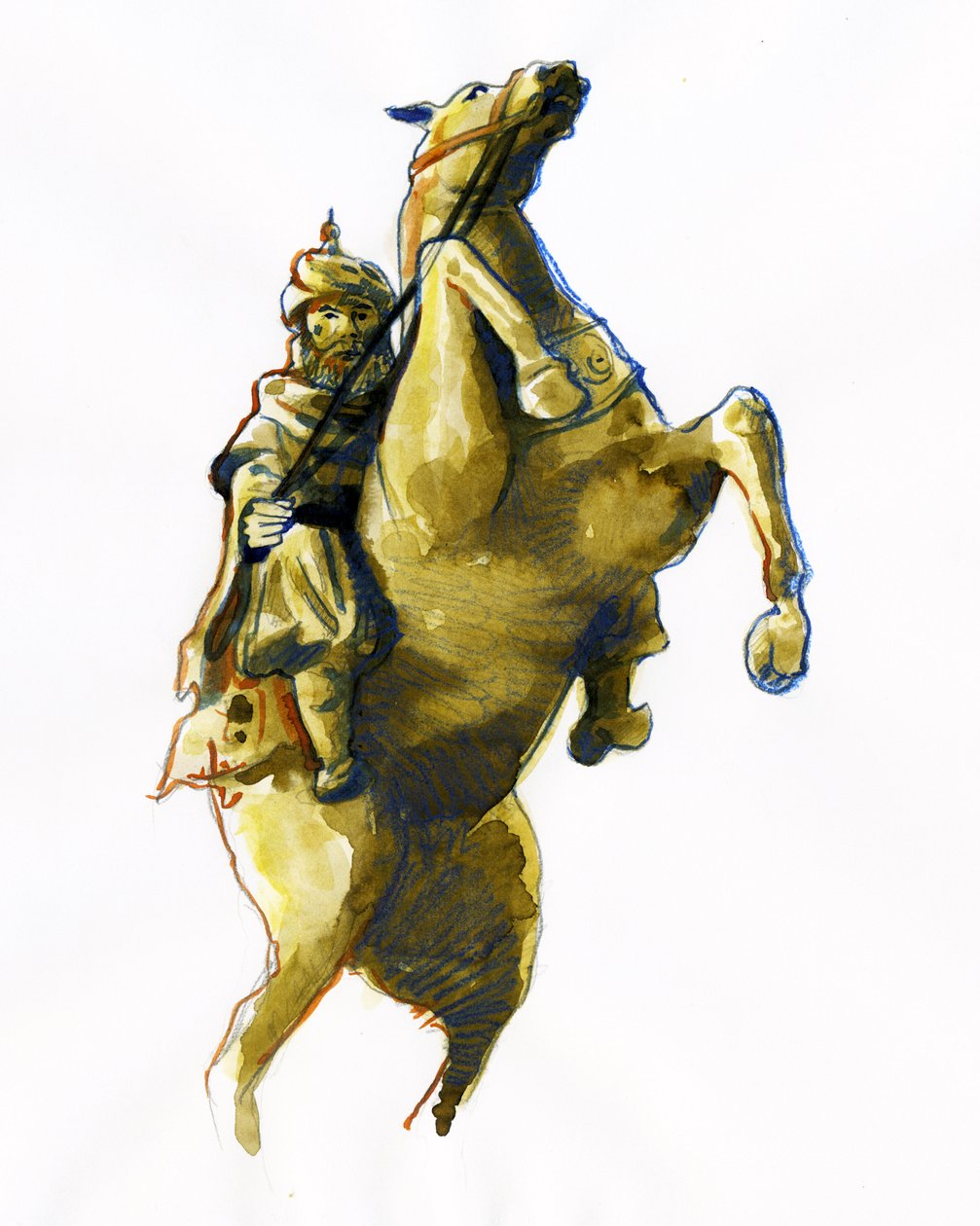 Jezdecký portrét Oqba ibn Nafi Al Fihri (622-683) - (Uqba ibn Nafi nebo Oqba ibn Nafi, Uqba ibn Nafe, Uqba ibn al Nafia nebo Akbah arabský generál) Kresba od Alessandro Lonati